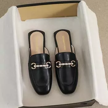 Весенние женские новые тапочки на плоской подошве, квадратные мулы, уличная повседневная обувь, стильный металлический дизайн в корейском стиле, одежда для банкетов и офиса 41 слоновая кость