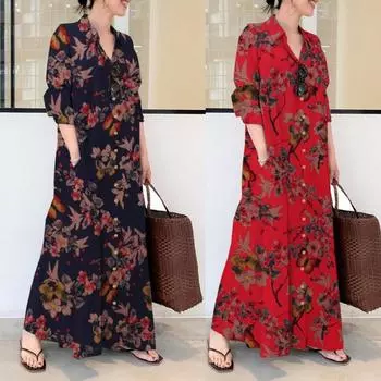 Весенние женские платья для женщин, платье с принтом, платье-рубашка с длинными рукавами, повседневное свободное платье с лацканами, мусульманские платья, большие размеры S-5XL S темно-синий