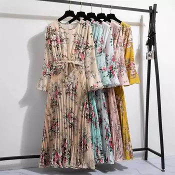 Весенние женские платья макси плиссированное платье с длинным рукавом и цветочным принтом с круглым вырезом женское богемное длинное платье для пляжной вечеринки Mujer Vestidos S небесно-голубой