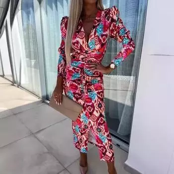 Весенние женские платья с принтом, V-образным вырезом, рукавами-фонариками, плиссировкой и разрезом на талии, с длинными рукавами S красный