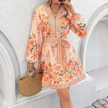 Весенние женские платья с V-образным вырезом и цветочным принтом, длинные рукава, завязки S разноцветный