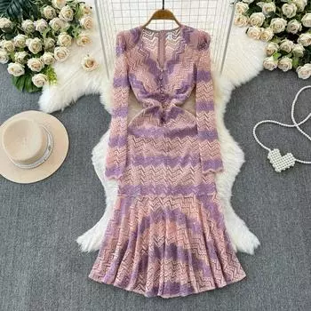 Весенние женские полосатые кружевные платья русалки с принтом, элегантное облегающее вечернее платье с v-образным вырезом и рыбьим хвостом S фиолетовый