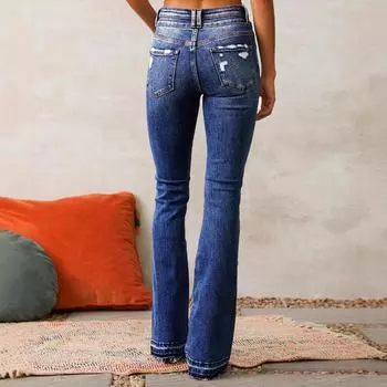 Весенние женские потертые уличные микро реглан винтажные дырки разрывные длинные джинсы S темно-синий