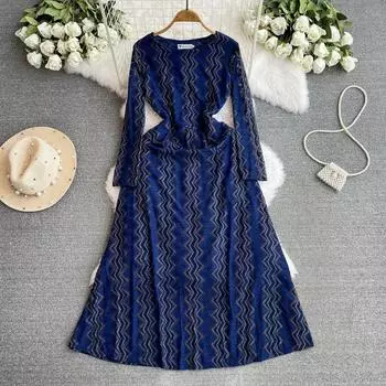 Весенние женские повседневные полосатые волнистые кружевные длинные платья макси M красный