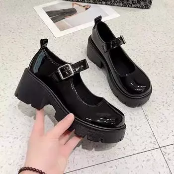 Весенние женские повседневные туфли Мэри Джейн из кожи с круглым носком и толстой подошвой 40 чёрный
