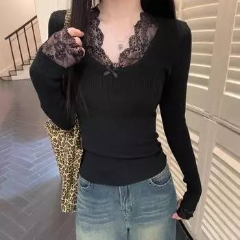 Весенние женские пуловеры с длинным рукавом, свитера для женщин с V-образным вырезом, повседневные, тонкие, сексуальные, кружевные, сращивающиеся, белые, черные свитера, осенние, короткие, топы one size белый