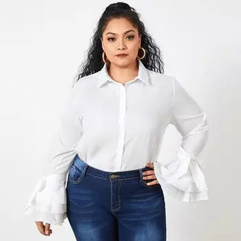 Весенние женские рубашки OL с расклешенными длинными рукавами, однотонные повседневные блузки больших размеров 5XL чёрный