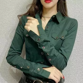 Весенние женские рубашки с длинным рукавом зеленого цвета, осенние офисные женские блузки с карманами, женские топы на пуговицах XXXXL белый