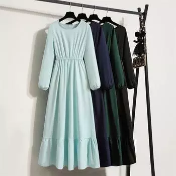 Весенние женские шифоновые платья с высокой талией и круглым вырезом, длинные рукава, однотонное тонкое платье А-силуэта в стиле шик S зелёный