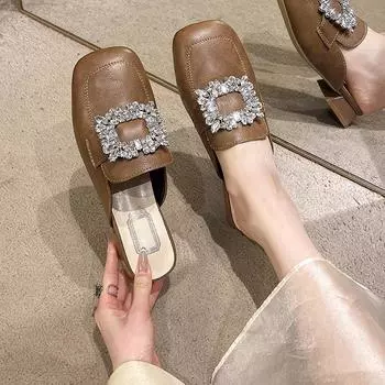 Весенние женские шлепанцы с острым носком, модные женские элегантные модельные сандалии ярких цветов, шлепанцы на квадратном низком каблуке 35 коричневый