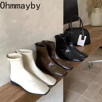 Весенние женские современные ботильоны модные квадратные носки короткие ботильоны лаконичные мягкие кожаные туфли на плоской подошве 35 коричневый