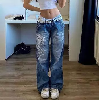 Весенние женские свободные брюки с принтом, джинсы с низкой посадкой L чёрный