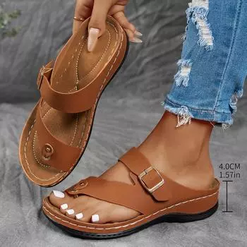 Весенние женские тапочки на плоской подошве на танкетке, новый стиль с украшением в виде пряжки на поясе, однотонные туфли в римском стиле 36 чёрный