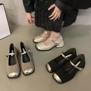 Весенние женские туфли-лодочки 2024 года, новые элегантные туфли на низком каблуке с мелкой пряжкой в британском стиле, женские туфли Мэри Джейн Zapatillas Mujer 35 бежевый