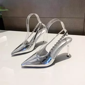 Весенние женские туфли-лодочки из мягкой кожи с острым носком, дизайнерская мода, сексуальные женские босоножки с хрустальным ремешком на тонком высоком каблуке, праздничная обувь 35
