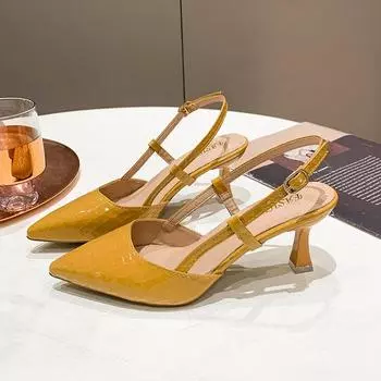 Весенние женские туфли-лодочки с пряжкой на ремне сзади и ремешком на среднем каблуке, однотонные, с острым носком, женские туфли на каблуке, офисные, роскошные, повседневные, цвета хаки, женские туфли 35 чёрный