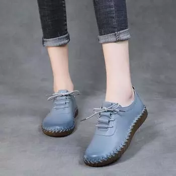 Весенние женские туфли на плоской подошве, повседневная женская повседневная обувь из натуральной кожи с мягкой подошвой и шнуровкой ручной работы 35 светло-серый