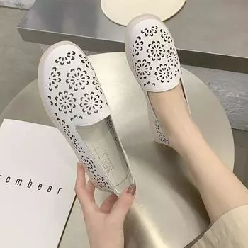 Весенние женские туфли на плоской подошве, женская обувь из натуральной кожи, женские мокасины с вырезами, балетки без застежек, балетки на плоской подошве 4 белый