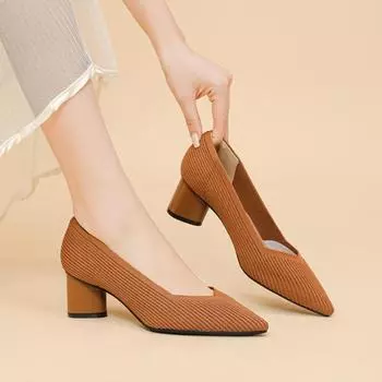 Весенние женские туфли на высоком каблуке, однотонные вязаные туфли-лодочки с острым носком, удобные нескользящие рабочие туфли на резиновой подошве 34 чёрный