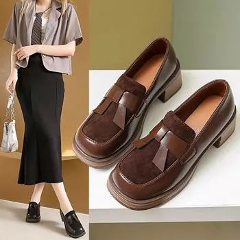 Весенние женские туфли Одиночные туфли Lefou Shoes Туфли на толстом каблуке Женские коричневые туфли на высоком каблуке Маленькие кожаные туфли 35 коричневый