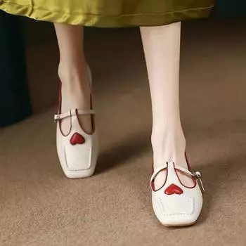 Весенние женские туфли с Т-образным ремешком, женские кожаные туфли на плоской подошве с квадратным носком, туфли Мэри Джейн с красным сердцем 35 бежевый