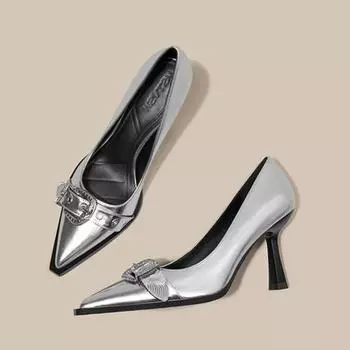 Весенние женские туфли серебристого цвета на высоком каблуке, сексуальные туфли во французском стиле с острым носком, металлические украшения, в сочетании с юбками, элегантный банкет 35