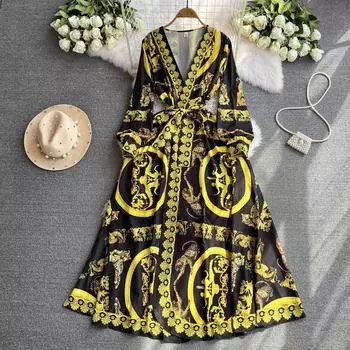 Весенние женские винтажные платья с леопардовым принтом, брендовые дизайнерские платья для подиума, длинный макси-халат с v-образным вырезом M