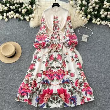 Весенние женские винтажные принты однобортные длинные макси праздничные пляжные платья с поясом S белый