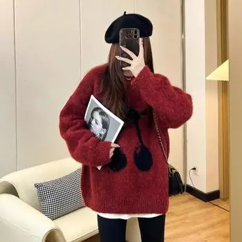 Весенние женские вишневые жаккардовые свободные вязаные пуловеры с круглым вырезом свободные повседневные мягкие модные свитера one Size