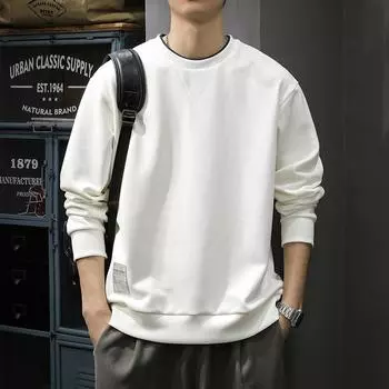 Весенний американский ретро мужской свитер с круглым вырезом свободный тренд ранняя весна хулиганский красивый длинный рукав простой однотонный пуловер куртка M белый