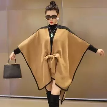 Весенний большой размер свободный сращивание контрастного цвета шнуровка накидка шаль женский вязаный кардиган рукав летучая мышь среднее и длинное пальто One size темно-зеленого