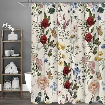 Весенний Цветок Бабочка Шторка для душа, Декоративная шторка для душа для ванной комнаты, Водонепроницаемая шторка для душа с крючками 90*180cm