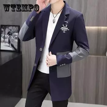 Весенний деловой костюм с v-образным вырезом, мужской повседневный облегающий ветровка с цветными пуговицами, пальто, трендовая парка XXXL чёрный