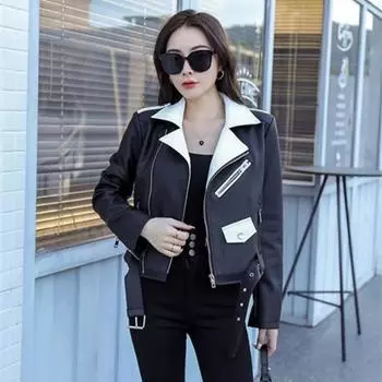 Весенний дизайн, нишевая куртка с застежкой-молнией, черная искусственная кожа, с длинными рукавами, короткое байкерское пальто для женщин S