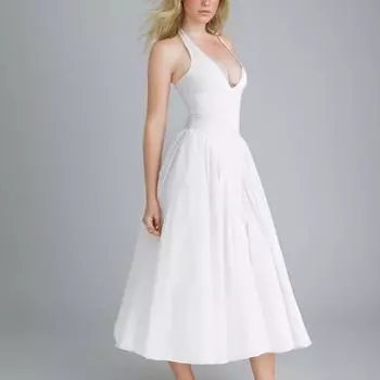 Весенний фестиваль 2025 года, новая женская одежда, однотонное, темпераментное, сексуальное, с V-образным вырезом и высокой талией, платье S белый