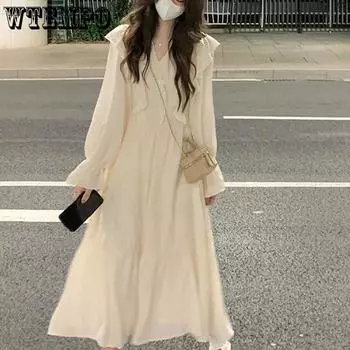 Весенний фестиваль Нежный ветер Нишевое французское платье с длинными рукавами и рюшами S белый