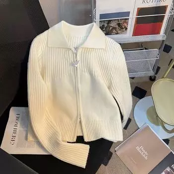 Весенний французский пуловер с воротником, вязаный кардиган, женский короткий весенне-осенний новый стиль, маленький мужской уникальный и уникальный маленький топ One Size чёрный