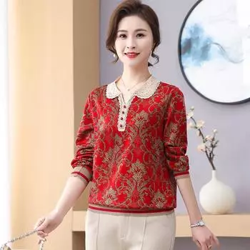 Весенний горячий бриллиант с длинными рукавами темперамент универсальный свободный модный средний и пожилой возраст весна и осень топы женская одежда XL recommends 90-52.5kg чёрный