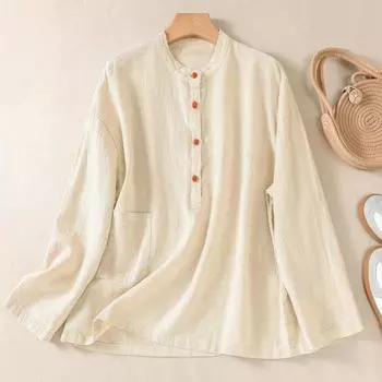 Весенний хлопковый лен больших размеров с художественным воротником-стойкой, цветной пряжкой, пуловер, рубашка, топ для женщин, блузки и рубашки M чёрный