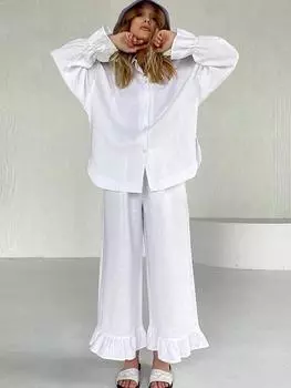 Весенний хлопковый женский комплект из двух предметов, повседневный белый свободный однобортный однобортный лацкан, прямые широкие брюки, летние женские наряды S белый