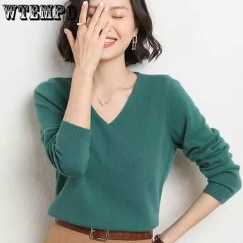 Весенний и осенний кашемировый свитер женский пуловер женский пуловер с V-образным вырезом вязаный топ женский кашемировый свитер с длинным рукавом S зелёный
