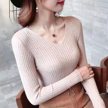 Весенний и осенний пуловер 2022 V-образный вырез Топ Женщины Свитер Осень и зима Slim Fit Tight Long Sleeve Underlay Трикотажный свитер