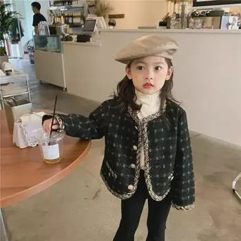 Весенний клетчатый кардиган для девочек 2023 года — короткое пальто в корейском стиле 140cm