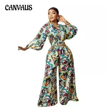 Весенний комбинезон больших размеров с v-образным вырезом и цифровым принтом, с высокой талией и широкими штанинами, прямой повседневный комбинезон S