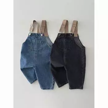 Весенний комбинезон для мальчика с карманами, свободный детский комбинезон на подтяжках, ретро-джинсы для малышей, повседневные брюки для детей, хлопковые брюки для девочек 90cm чёрный