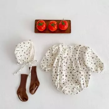 Весенний комбинезон из хлопкового вельвета для девочек 2024 года с шапочкой 80cm слоновая кость/цветочный