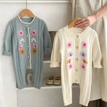 Весенний комбинезон с длинными рукавами для новорожденных, вязаный боди с цветочным принтом, милый вязаный комбинезон с вышивкой для девочек, bafanou 85018 66cm(3-6M) синий