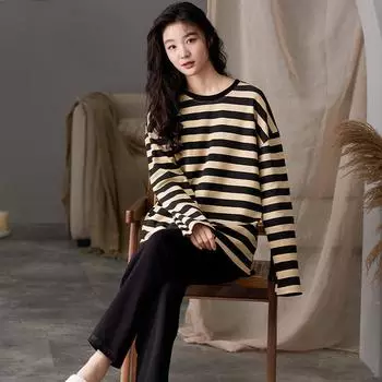 Весенний комплект из 2 предметов пижамы женские топы осень тонкий хлопок круглый вырез девочки пижамы комплекты полосатая одежда для сна одежда пижамы женские M