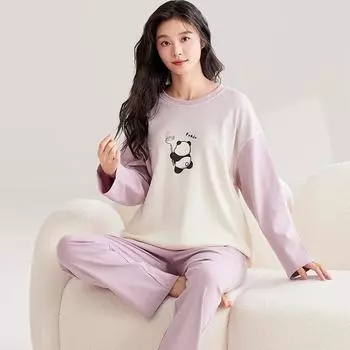 Весенний комплект из 2 предметов пижамы женские топы осень тонкий хлопок круглый вырез для девочек пижамы комплекты мультфильм пижамы одежда пижамы женские M