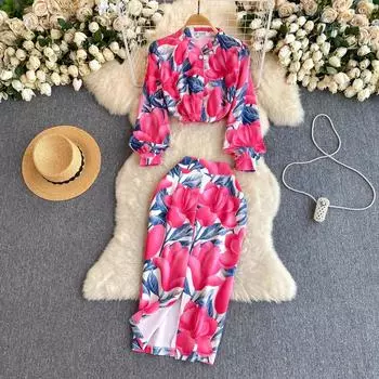 Весенний комплект из двух предметов для офисной работы с принтом для женской рубашки с длинными рукавами, топа и тонкой облегающей юбки-карандаша миди, деловая одежда S синий